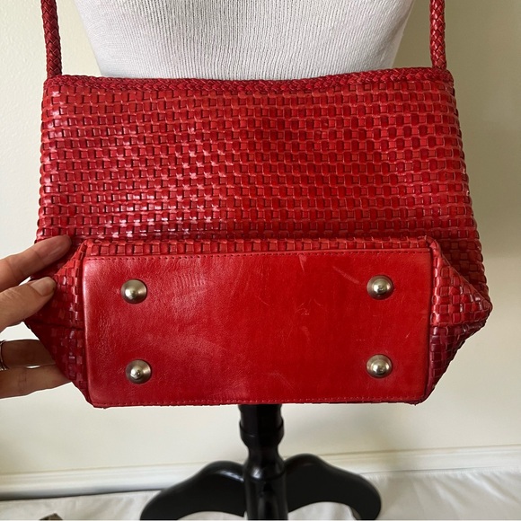 Vintage Footed Red Leather Woven Bag w/Leather Rope Cord Detail Made in Brazil - Picture 11 of 14